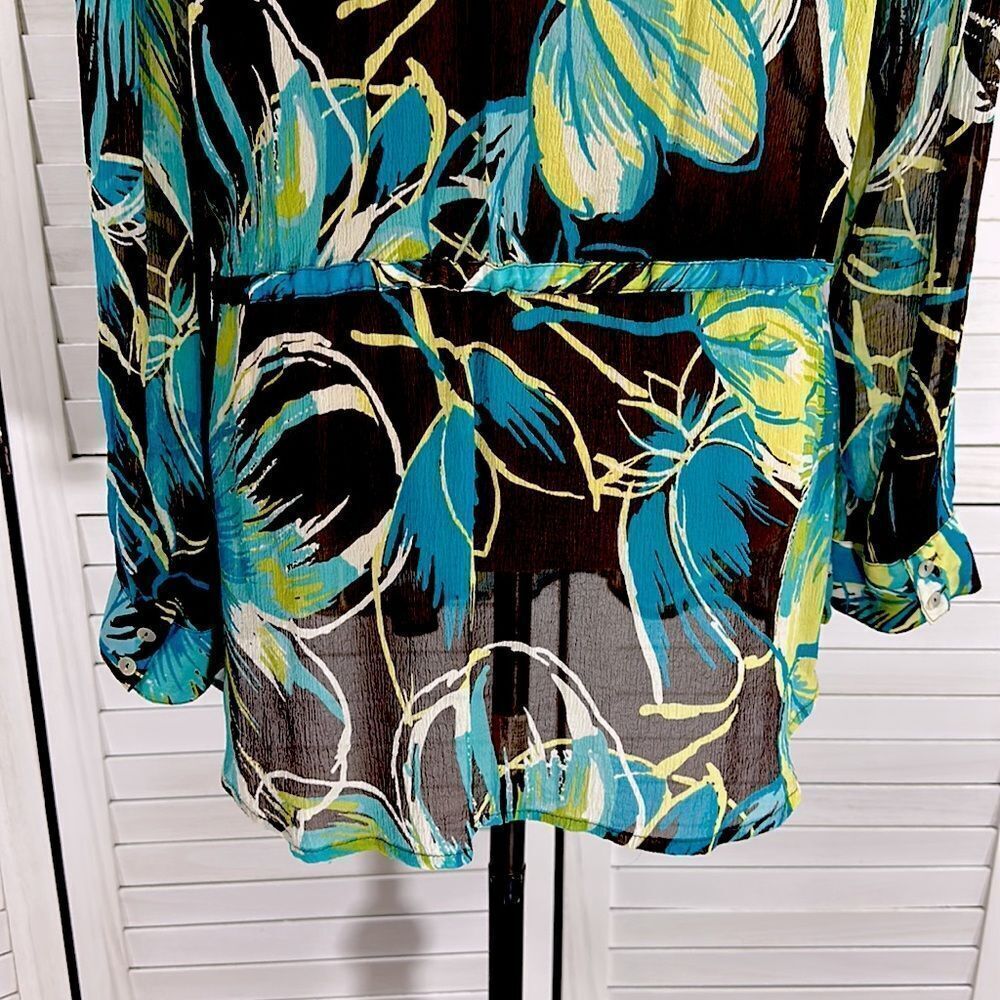 Chico's Silk Tropical Brown & Blue Floral Tunic Top Size 2 (12) LIKE NEW - Picture 6 of 14